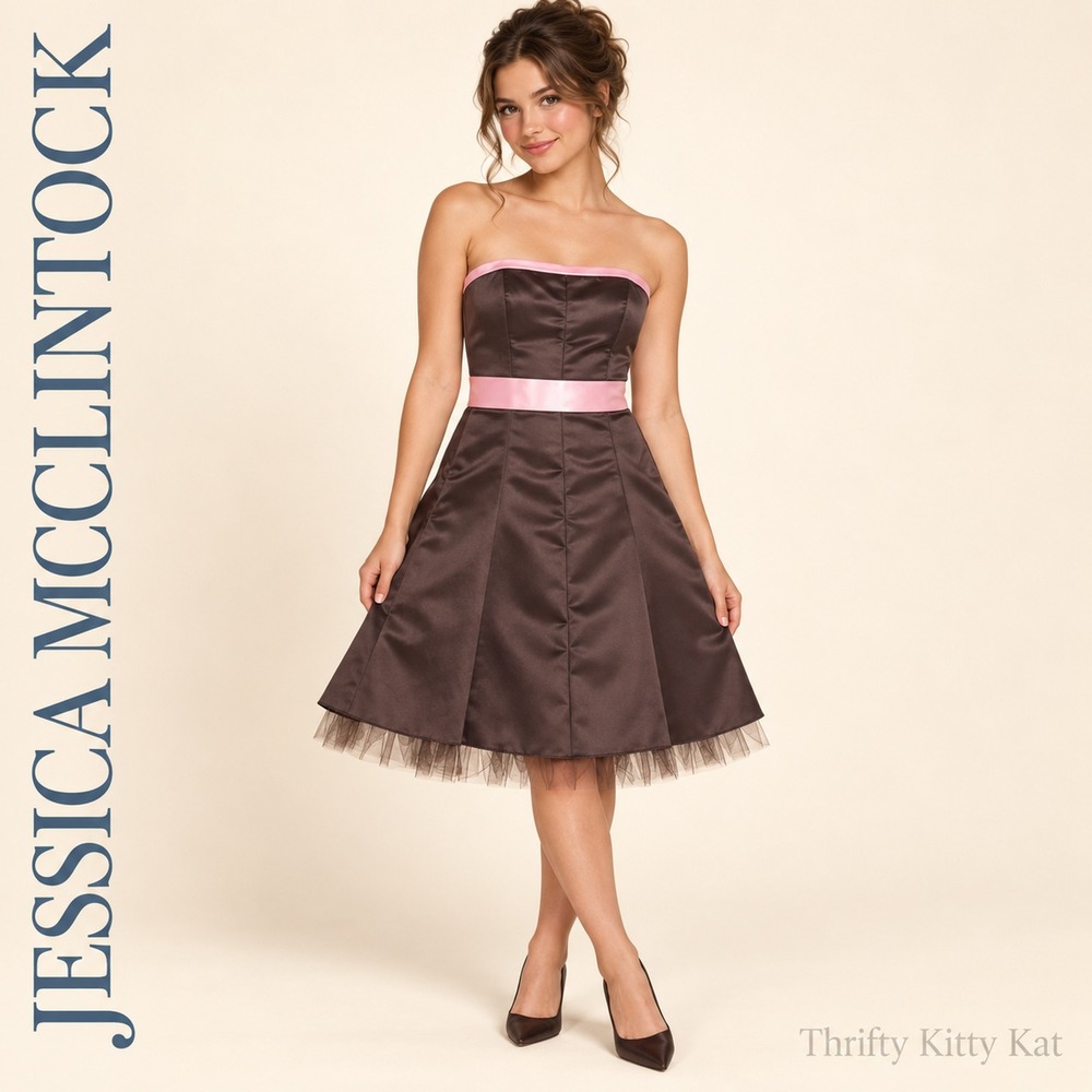 Jessica McClintock Gunne Sax Strapless A Line Satin Tulle Bow Brown Pink Y2K 5/6
